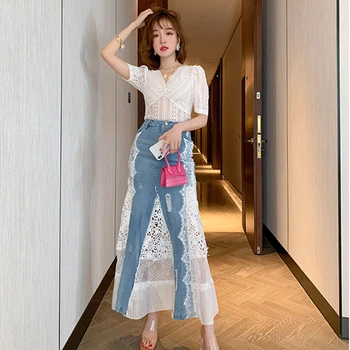 

High Quality New 2020 Fashion Suits & Sets Women V-Neck White Lace Tops+Lace Denim Patchwork Midi Sexy Mermaid Jeans Skirt Set