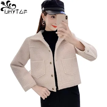 

UHYTGF lambswool warm winter coats Cute girl loose plus size top single-breasted pocket Short coat jacket women veste femmer 646