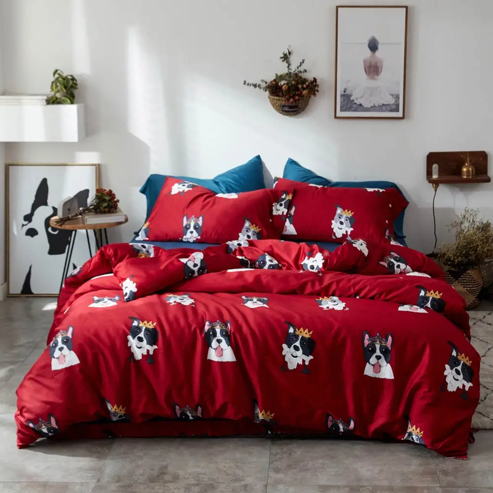 

Cartoon Red Dogs Crown Bulldog Duvet Cover Set Flat Sheet High Count Egyptian Cotton Bedlinens 4pcs Queen King Size Bedding Set