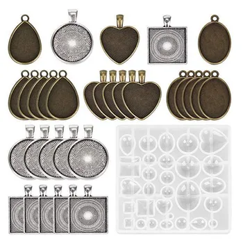

30 Pieces 5 Styles Pendant Trays Round & Square Heart & Teardrop & Oval,And 1 Pcs Jewelry Casting Molds For Pendant Crafting