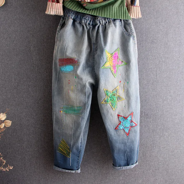 star embroidered jeans