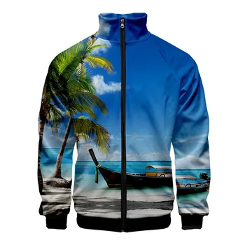 

Coconut Tree Stand Collar Zipper Hoodie Men Women Ocean Sky Beautiful Seaside View 3D Sweatshirt Boys Spring Autumn Jacket tops