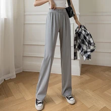 

Women Casual High Waist Loose Straight Trousers Solid Elastic Waist Pants 2021 Female Summer Elegant Wide Leg Pant Long Bottom