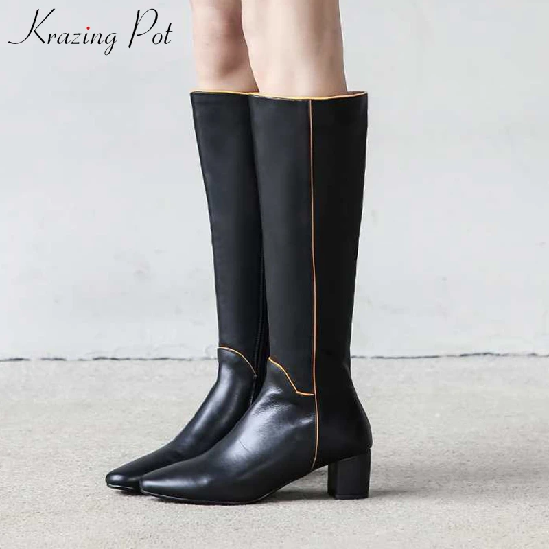 

krazing pot winter concise style mixed colors cow leather round toe high heels keep warm side zip fashion thigh high boots L20