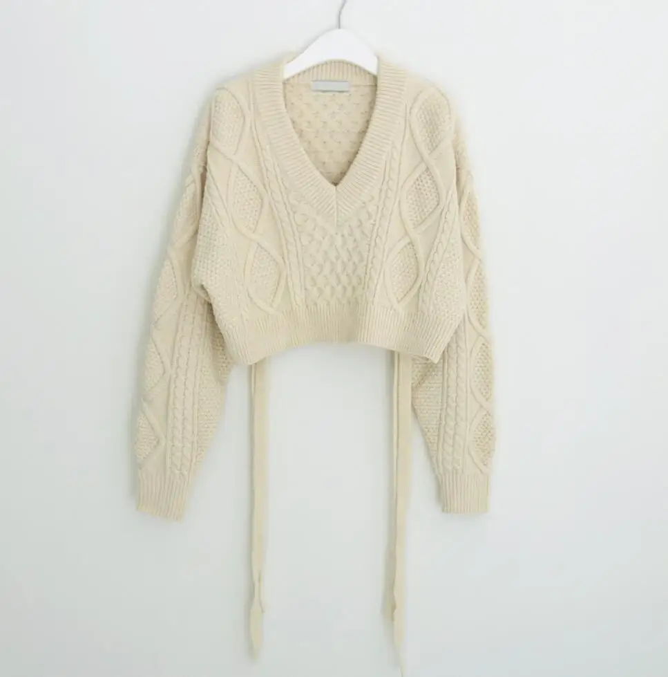 Neploe корейский твист вязаный свитер с длинным рукавом v-образным вырезом короткий пуловер Трикотаж осень зима сзади на шнуровке Pull Femme 54075