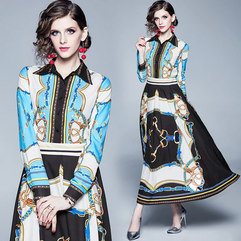 

Photo Shoot 2019 Europe And America Women's Dress Retro Color Matching Chain Printed Slim Fit Slimming High-waisted Big Hemline