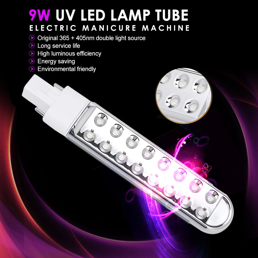 UV LED Lamp Tube Light Bulb 9W Curing Lamp Replacement Double Light Source for Nail Art Dryer