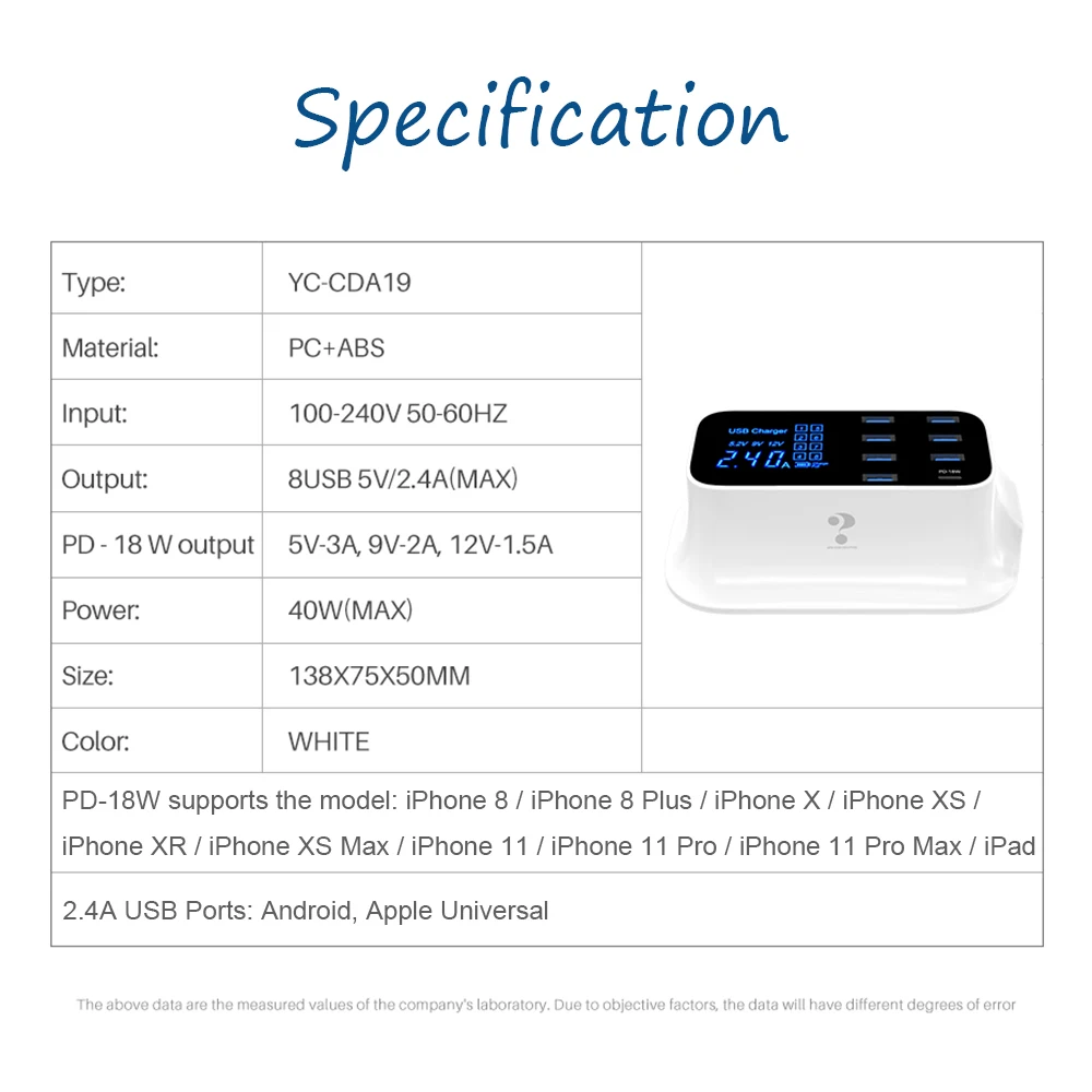 18 Вт PD USB C быстрое зарядное устройство для iPhone 11 Pro Max Цифровой дисплей 8 портов USB зарядное устройство для iPhone Android адаптер зарядное устройство для телефона