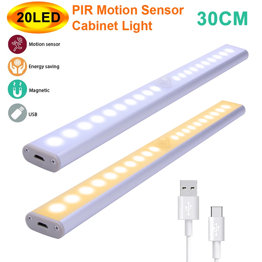 

20 LEDs 30cm PIR LED Motion Sensor Light Cupboard Wardrobe Bed Lamp LED Under Cabinet Night Lights For Closet Stairs Kitchen D30