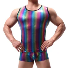Сексуальные модные мужские брендовые радужные Блестящие Нейлоновые топы на бретелях для геев, мужские жилеты, нательные майки, костюм для выступлений, Эротическое нижнее белье