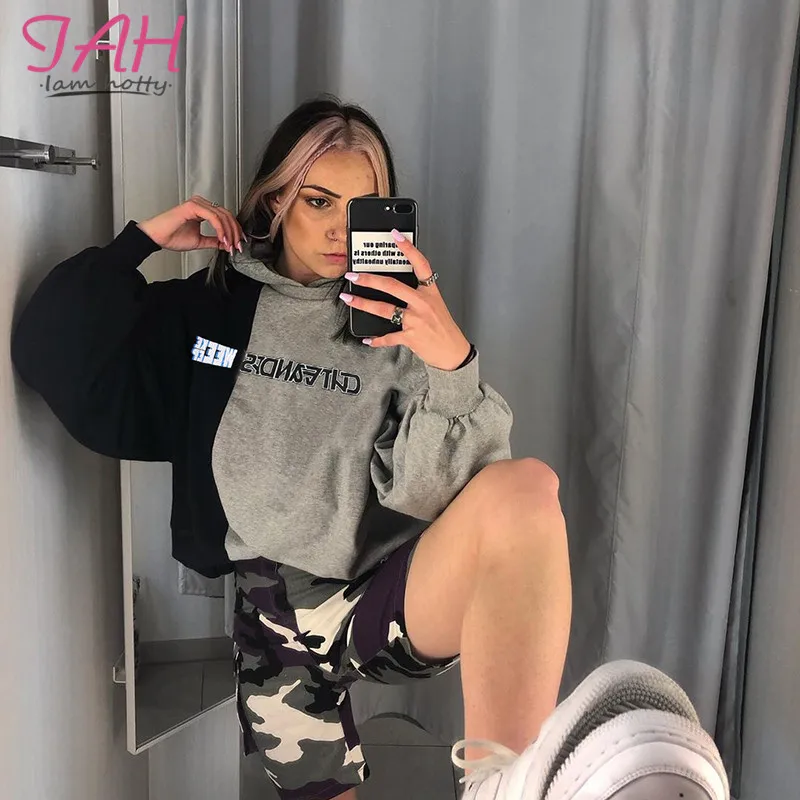 

IAMHOTTY Patchwork Grey And Black Hoodie Women Contrast Letter Print Harajuku Sweatshirts Hip-Hop Autumn Long Sleeve Pullovers