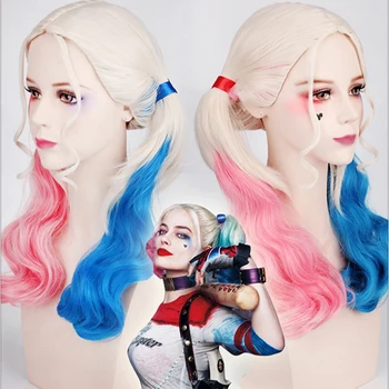 

AOOSOO Harley Quinn Cosplay Wig Styled long Wavy Synthetic Ponytail Wig High Temperature Fiber Cos Wig pink and black wig