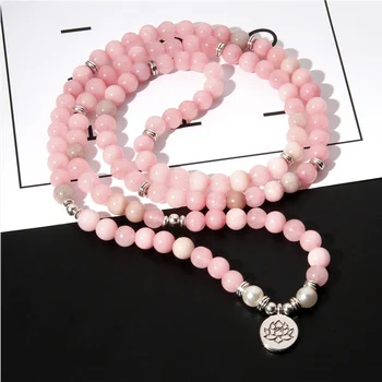 

Handmade 108 Buddha Mala Natural Pink Crystal Quartz Beads Bracelet Lotus Flower Healing Lucky Charm Bracelet Jewelry For Women