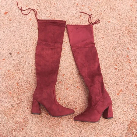 Женские зимние теплые сапоги на платформе; bota feminina; высокие эластичные сапоги выше колена; коллекция года; размеры - Цвет: High heels wine red
