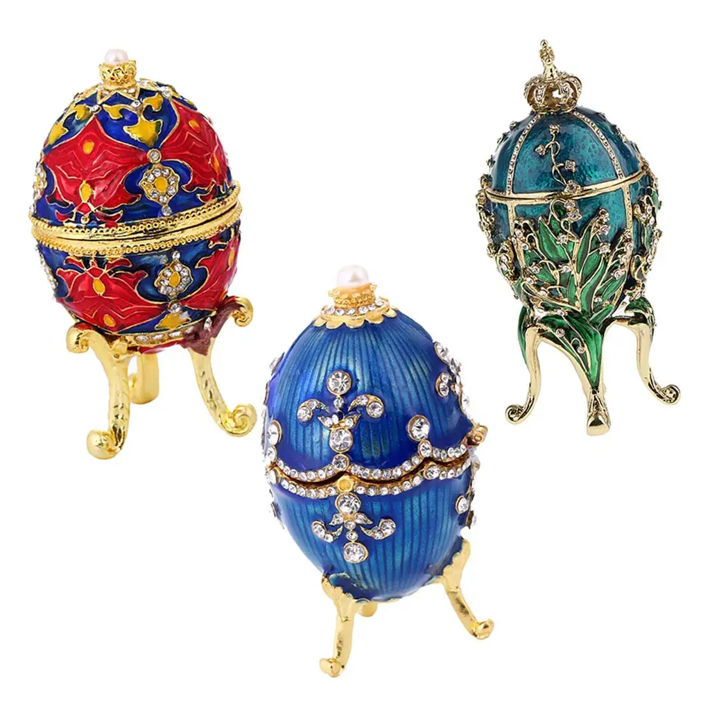 3 Pieces Crystal Easter Faberge Egg Jewelry Box Earrings Russian