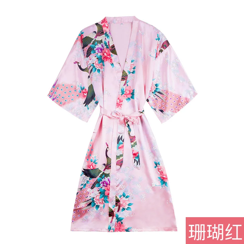 Yao ting Children Silk Pajamas Women's Summer Thin Section Cardigan Girls Printed Peacock Nightgown Tracksuit