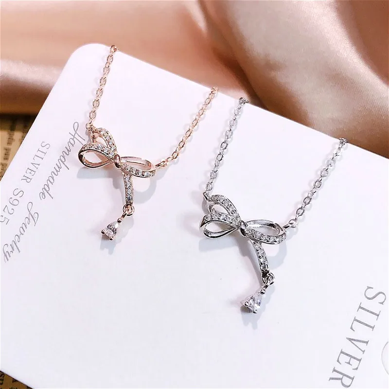 

Exquisite Real 925 Sterling Silver Charming Bow-knot Pendant Necklaces Lasting Shine Chain and Zirconia Good-looking Rosette