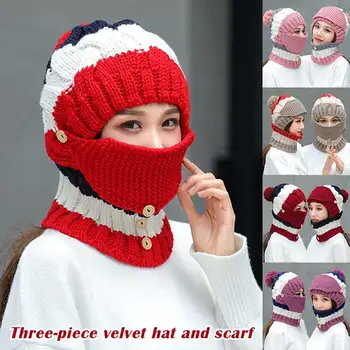 

Autumn Winter Plus Velvet Hat Women's Bib Face Cover Three-Piece Set Warm Knitted Hat Outdoor Hogard