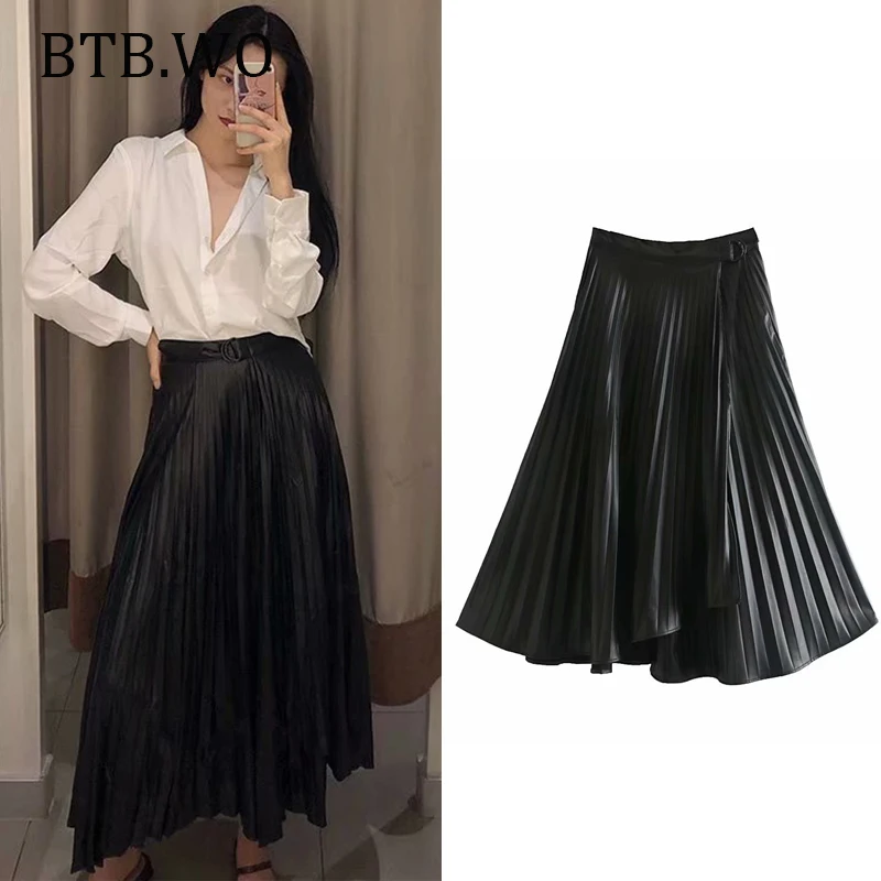 BTB. WO, Женская Осенняя, зимняя, весенняя, искусственная кожа, высокая талия, длинная юбка,, осенняя, высокая талия, офисная, для девушек, трапециевидная, расклешенные юбки