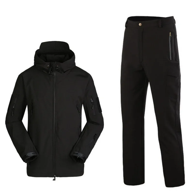 Jacket+pants Hiking Clothings hunt jacket man outdoor waterproof Keep warmell Fleece camouflag Windbreaker s-4xl - Цвет: Черный