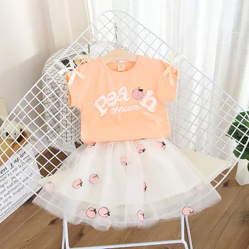 

Kids Baby Clothes Set 2pcs Summer T shirt Tops Cotton Casual Skirts Tutu Peach Print Summer 2pcs Big Girls Children 2-7Y