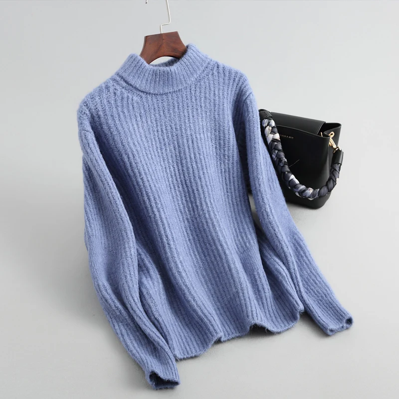 Осень и зима мохеровый стильный свитер женский пуловер с длинным рукавом однотонный вязаный толстый свитер - Цвет: Синий