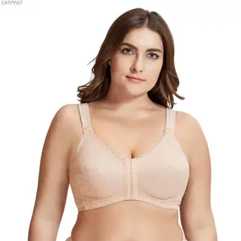 

Front Closure Wireless Back Support Lace Bra Plus Size 38-52 D E F Cup Women's Full Coverage Posture Corrector