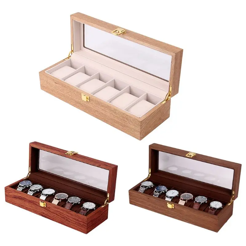 

6 Slots Wooden Case Watch Dial Wood Storage Box with Lock Fashion Watches Gift Jewelry Display Boxes