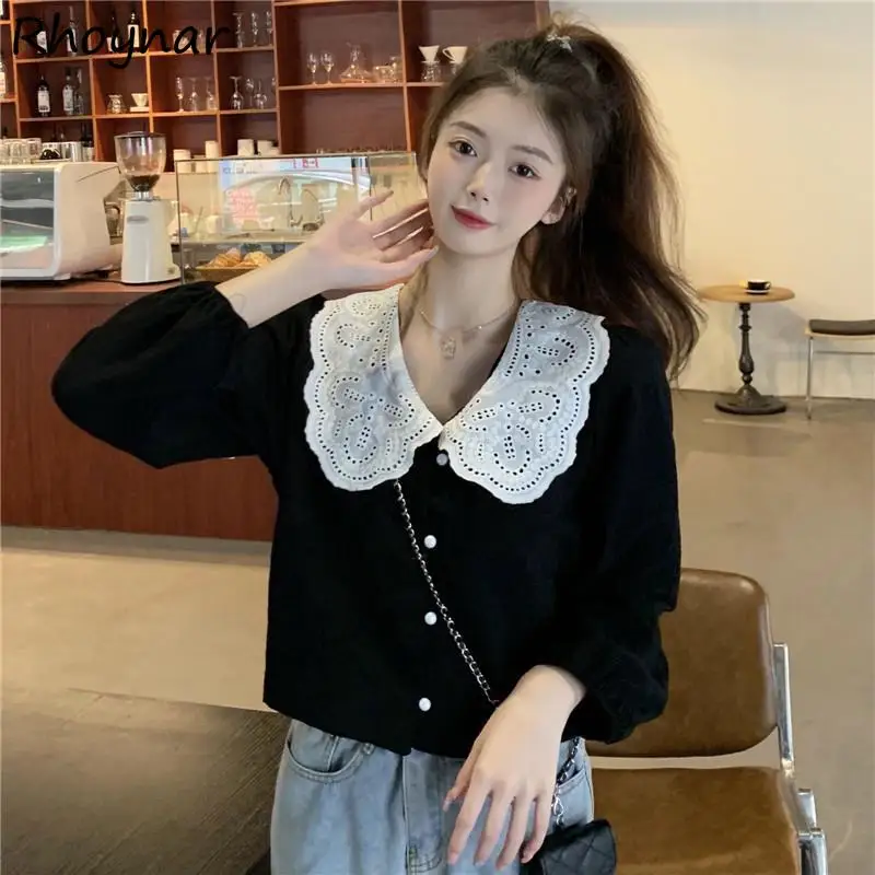 

Shirts Women Peter Pan Collar Leisure Patchwork All-match Cropped Tops Mujer Retro French Style College Autumn New Cozy Tender