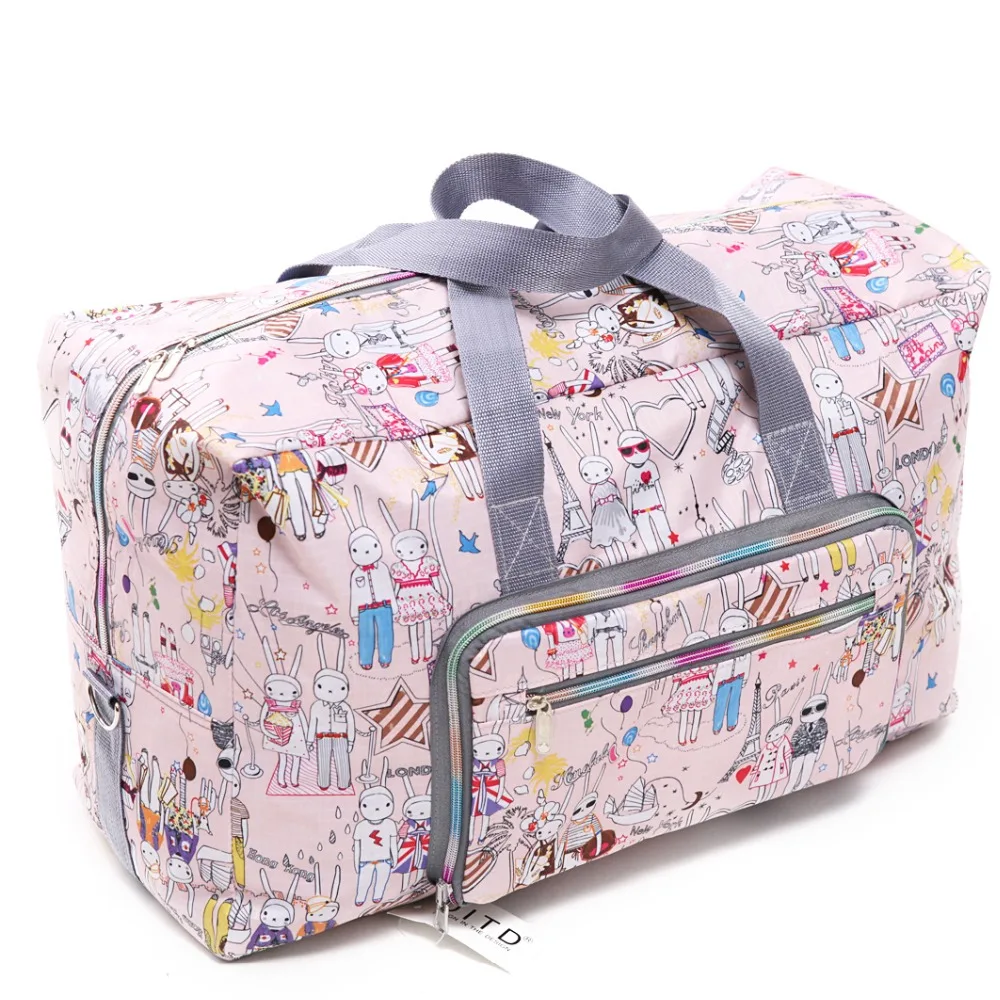 Foldable Travel Bag Women Large Capacity Portable Shoulder Duffle Bag Cartoon Printing Waterproof Weekend Luggage Tote Wholesale