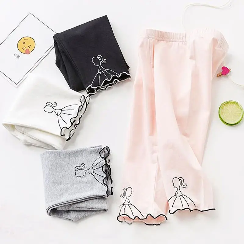New solid color modal children's leggings girls embroidered trousers cropped pants cute casual pants thin summer