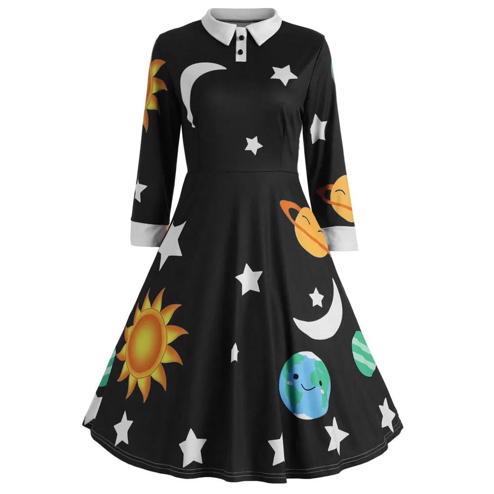 

Autumn Women Dress Elegant Vintage Tunic 2019 Sun And Moon Star Print Plus Size S-5XL Dress Black Goth Female Cool#G7