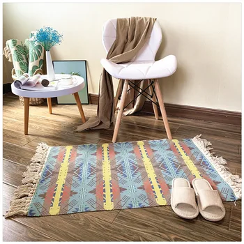 

Cotton Thread Rug Modern Simple Geometric Weave Tassel Rustic Carpet Kitchen Door Floor Bedding Mats Artistic Room Decorating