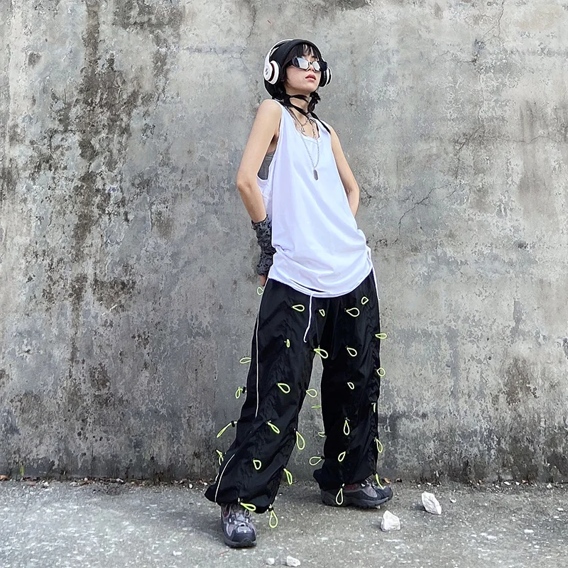 [EAM] High Elastic Waist Green Drawstring Wide Leg Long Trousers New Loose Fit Pants Women Fashion Tide Spring Autumn 2020 1X847