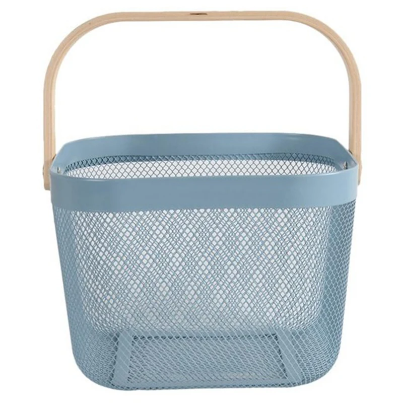 HHO-Candy Colors Wood Handle Fruit Vegatable Basket Metal Mesh Storage Bag Basket Organizer - Цвет: Blue