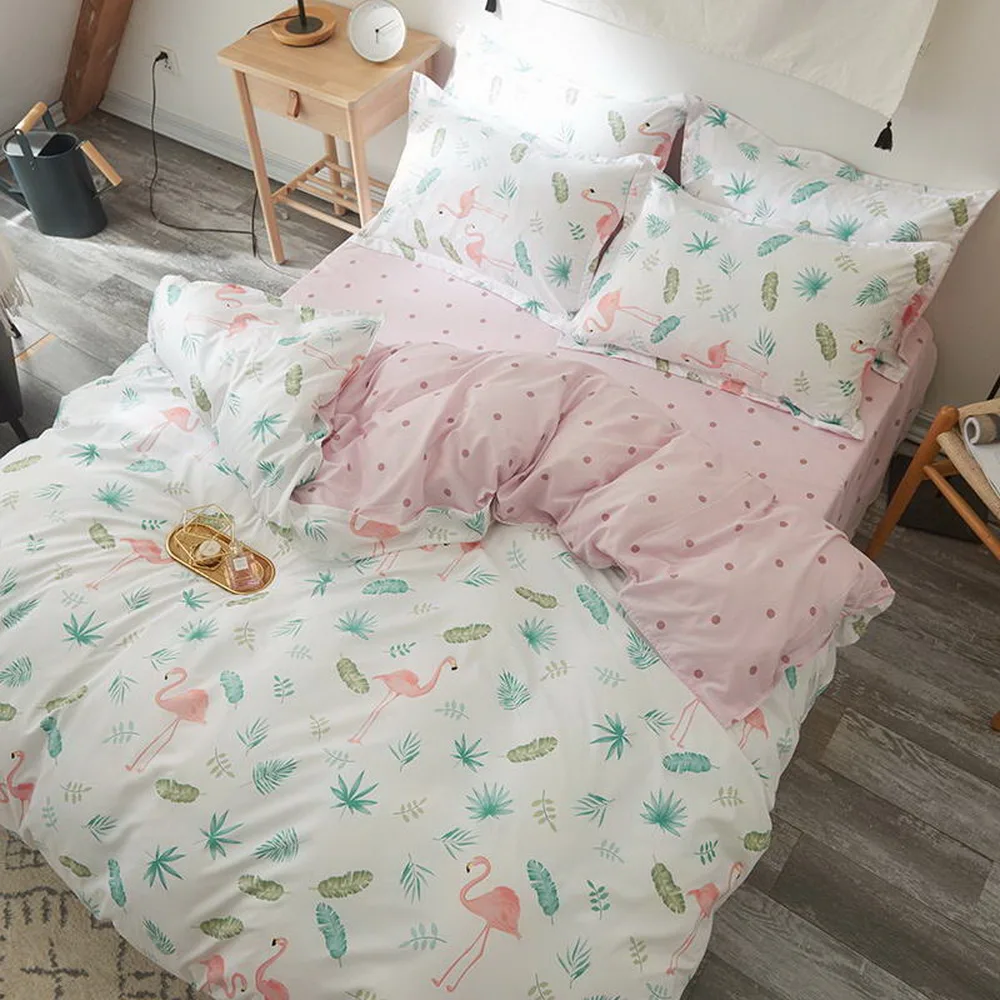 

Flamingo flower double-sided design bed linen bedding set home flat sheet duvet cover pillowcase single 3pcs 4pcs king queen