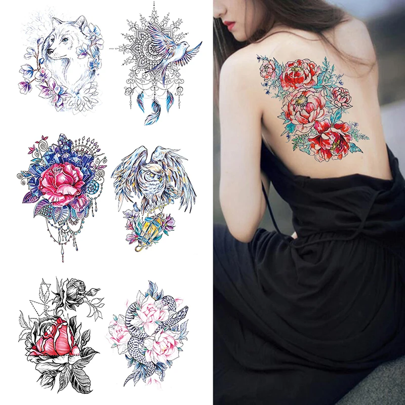 1Pcs Fashion Design Colorful Peony Flower Animal Temporary Tattoo Sticker Sexy Creative Body Art