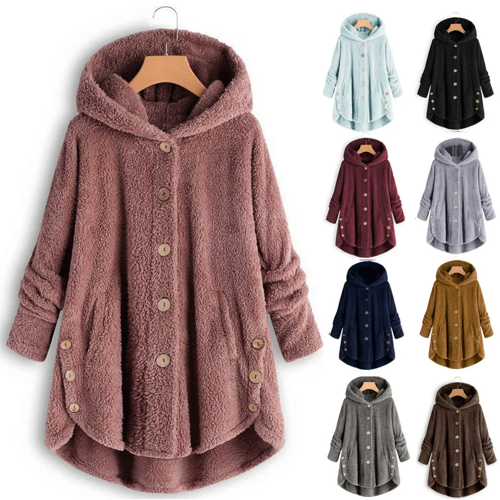 

Plus Size Fashion Plush Warm Hooded Jacket Casual Ladies Faux Fur Coat Female Winter Long Sleeve Streetwear Womens Outerwear