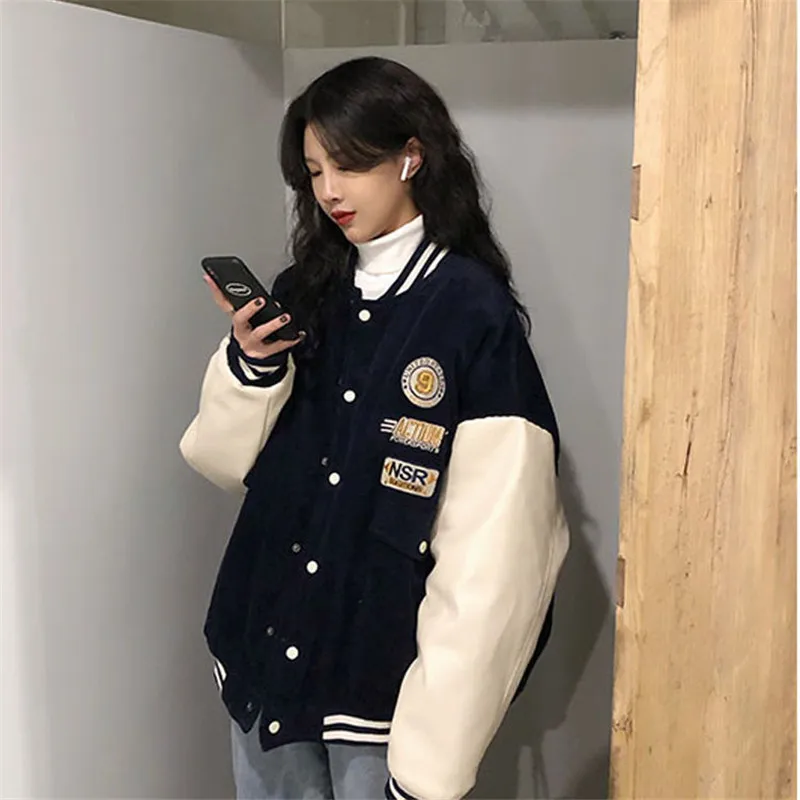 Contrasting Color Stitching Baseball Uniform Women Couple Students 2021 Spring Autumn New Retro Jacket Corduroy Coat Tide 31