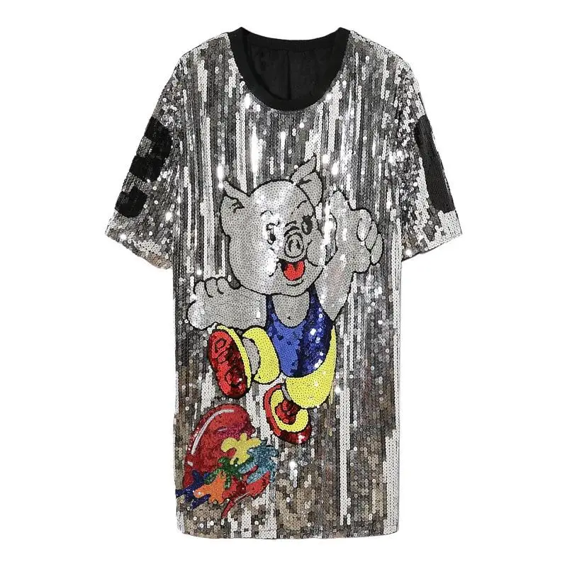 

Runway Summer Female T-Shirt Female Short-Sleeved Cartoon Loose Sequins Fashion Round Neck Streetwear Long Women's Clothing