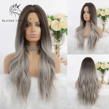 

Blonde Unicorn Synthetic Long Wavy Dark Root Ombre Grey Brown Wigs Center Part Cosplay Party Wig for White/Black Women 9 Colors