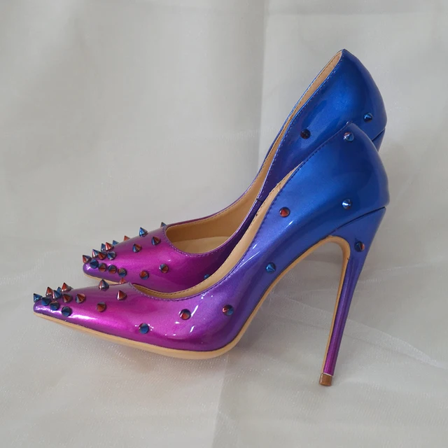 Veowalk Gradient Blue Purple Women Spikes Stilettos High Heels Sexy Pointy  Toe High Heels Chic Ladies Rivets Club Party Shoes