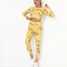 Conjunto de calça legging esportiva, 2 peças, vestimenta feminina atlética para treino de ioga, roupa esportiva com manga comprida, crop top para fitness