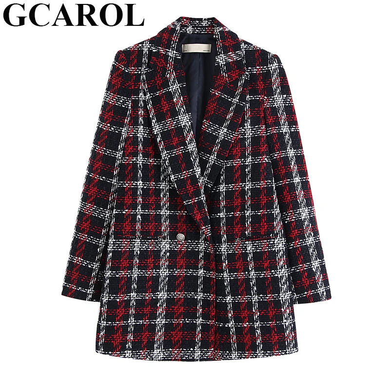 

GCAROL Women Twist Tweed Plaid Blazer Double Breasted Checked Jacket Buttons Thick Warm Elegant Suit Coat Fall Winter Outwear