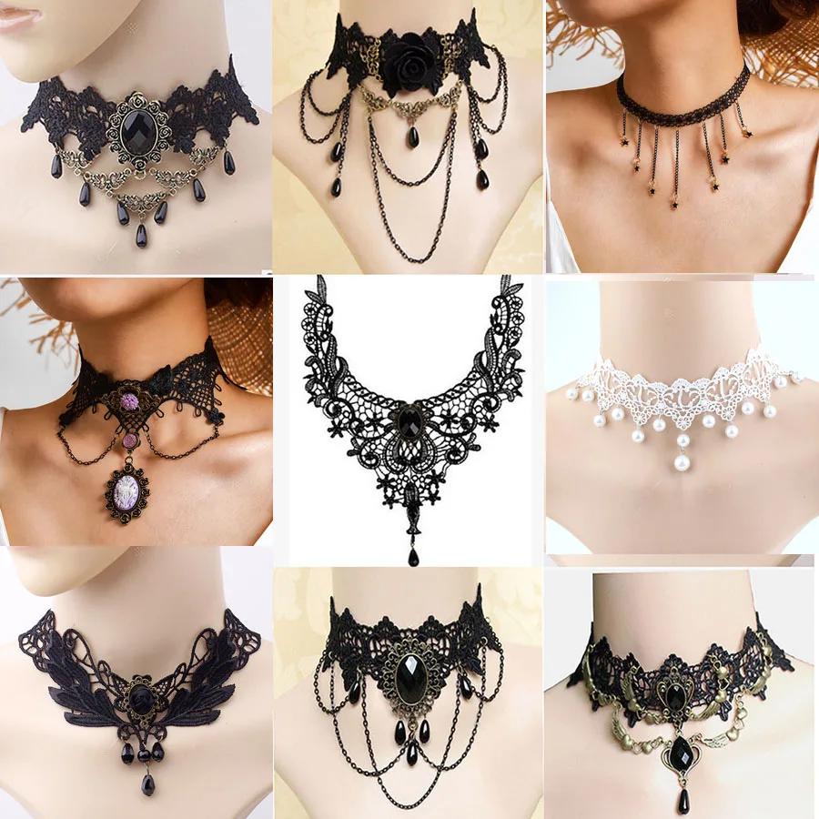 New Collares Sexy Gothic Chokers Crystal Black Lace Neck Choker Necklace Vintage Victorian Women Chocker Steampunk Jewelry