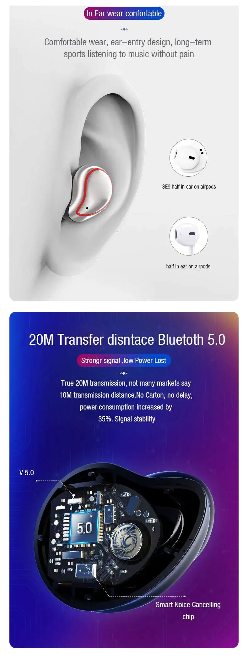 CLAITE SE-9 bluetooth 5,0 наушники беспроводные TWS бинауральные HiFi Handsfree Touch Водонепроницаемая гарнитура для Xiaomi