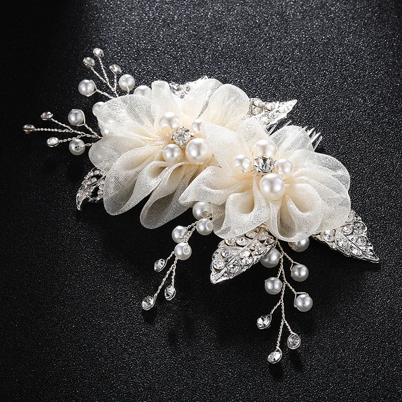 Handmade Chiffon Flower Hair Comb Bride Wedding Hair Accessories Pearl Bridal Headpiece Jewelry for Women Party  Bridesmaid Gift