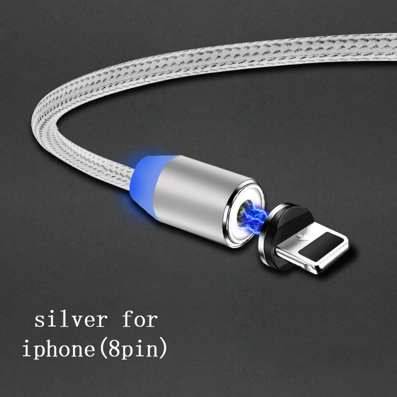 3 в 1 usb зарядный Магнитный кабель для мобильного телефона светодиодный провод быстрое зарядное устройство Kable для apple iphone 8 pin iOS Micro USB и type C - Цвет: silver for iphone