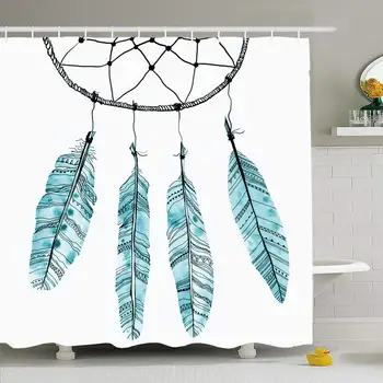 

Shower Curtain Set with Hooks 66x72 Geometric Red Fashion Indian Grunge Abstract Dream Catcher Watercolor Feathers Raster