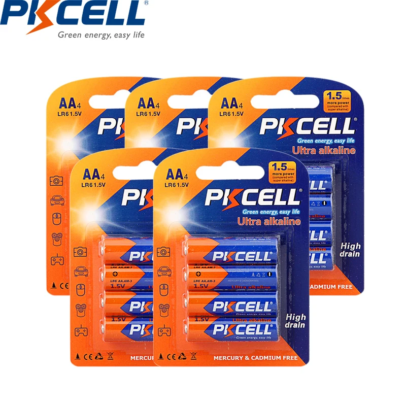 5 шт./20 шт. PKCELL AA LR6 UM3 MN1500 E91 батарея 1,5 В щелочная батарея сухая и первичная батареи Улучшенный аккумулятор R6P 2A